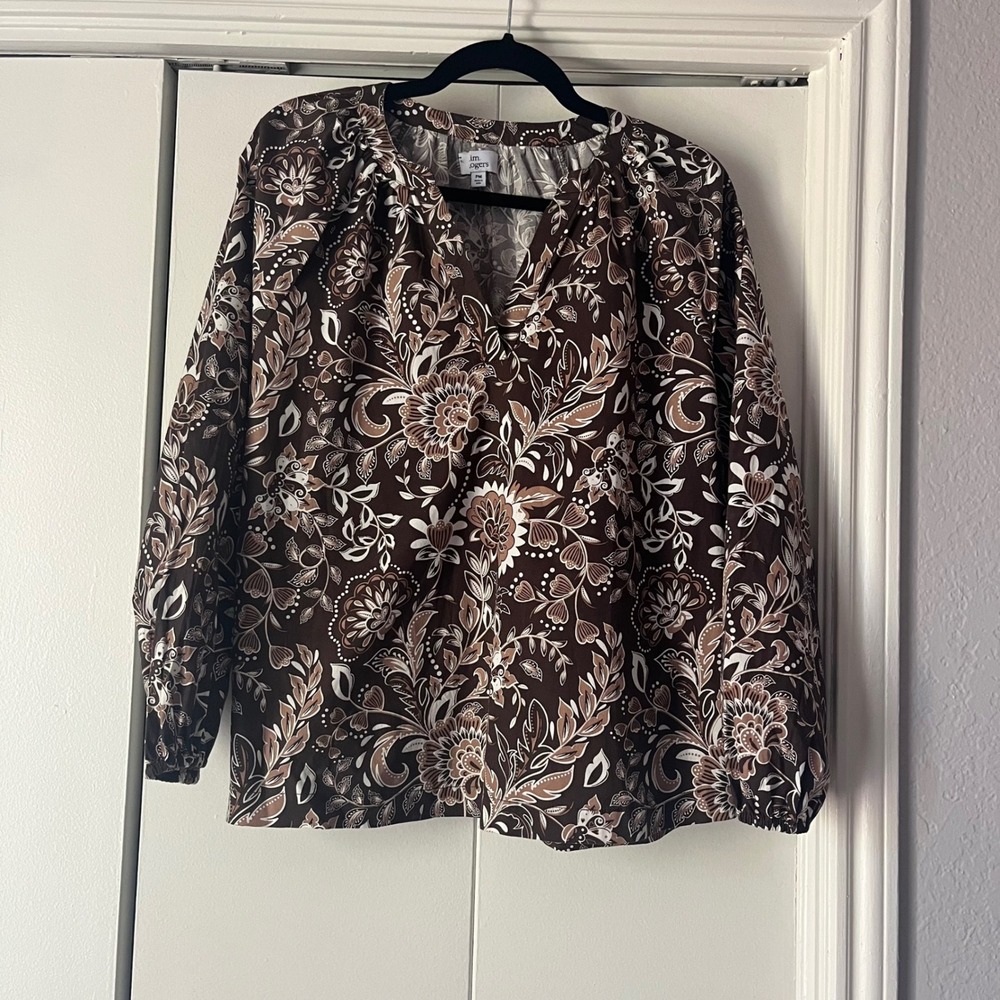 Kim Rogers Floral Print Peasant‎ Blouse V-Neck Long Sleeve Brown PM